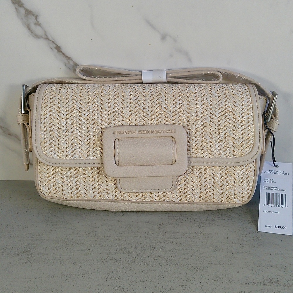 French Connection Katia Straw Shoulder Bag Wheat/Cream NWT Resort Vacation Purse
